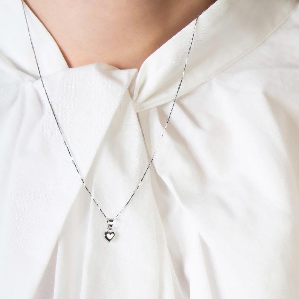 Dainty Real 10K White Gold Heart Necklace, Tiny Heart Charm Pendant w Gold Chain